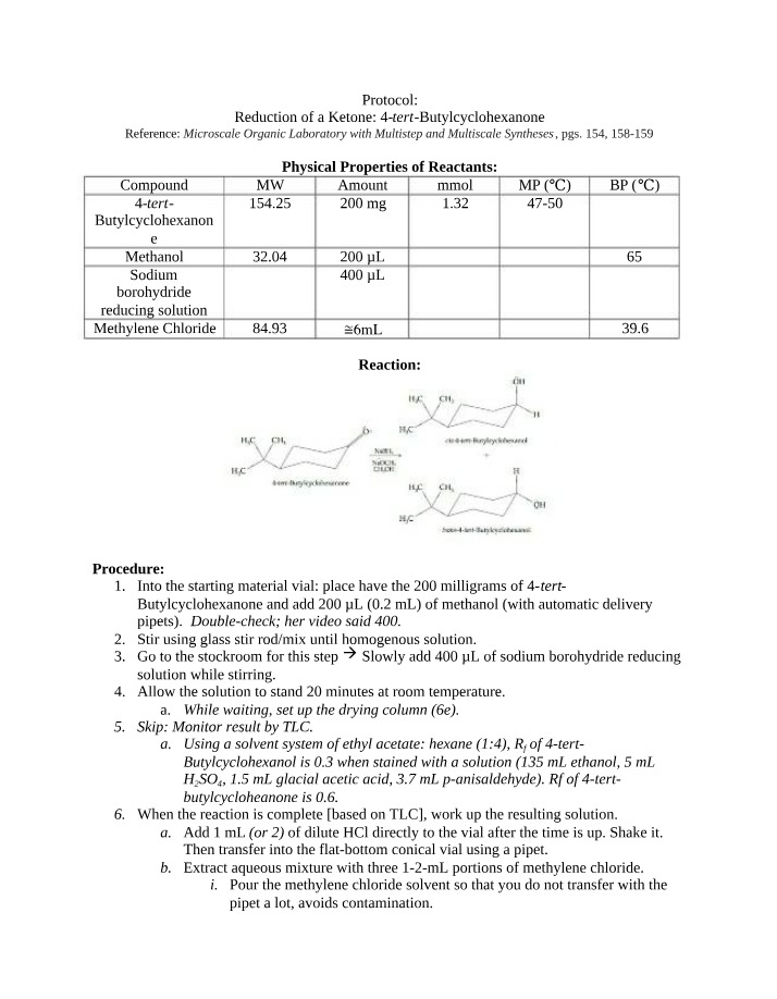 Microscale Organic Reduction of 4-tert-Butylcyclohexanone