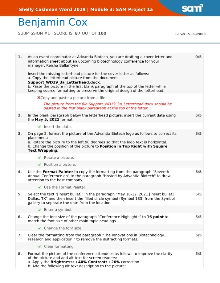Shelly Cashman Word 2019, SAM Project 1a (Module 3)