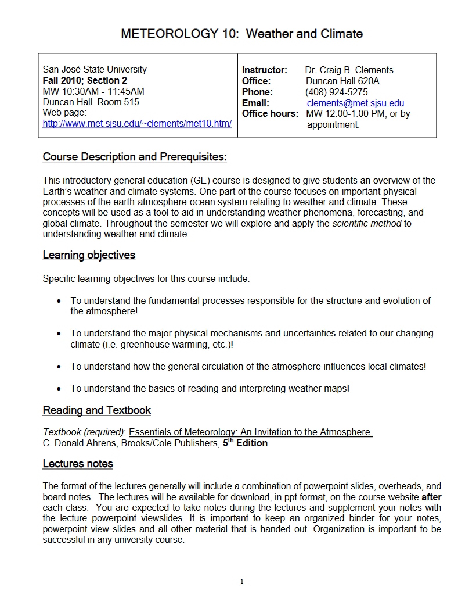Weather and Climate Course Outline