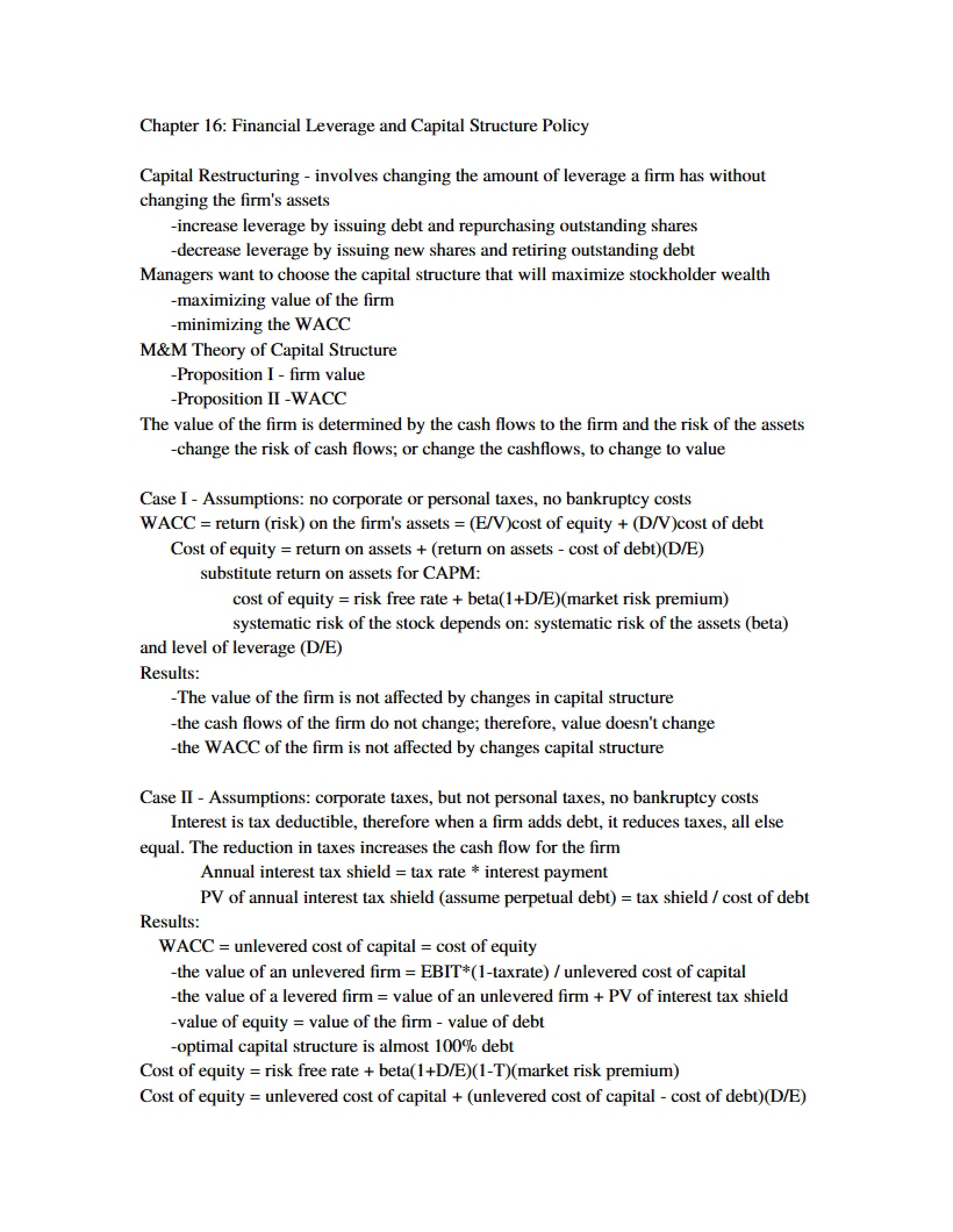 Financial Leverage and Capital Structure Policy (Chapter 16)