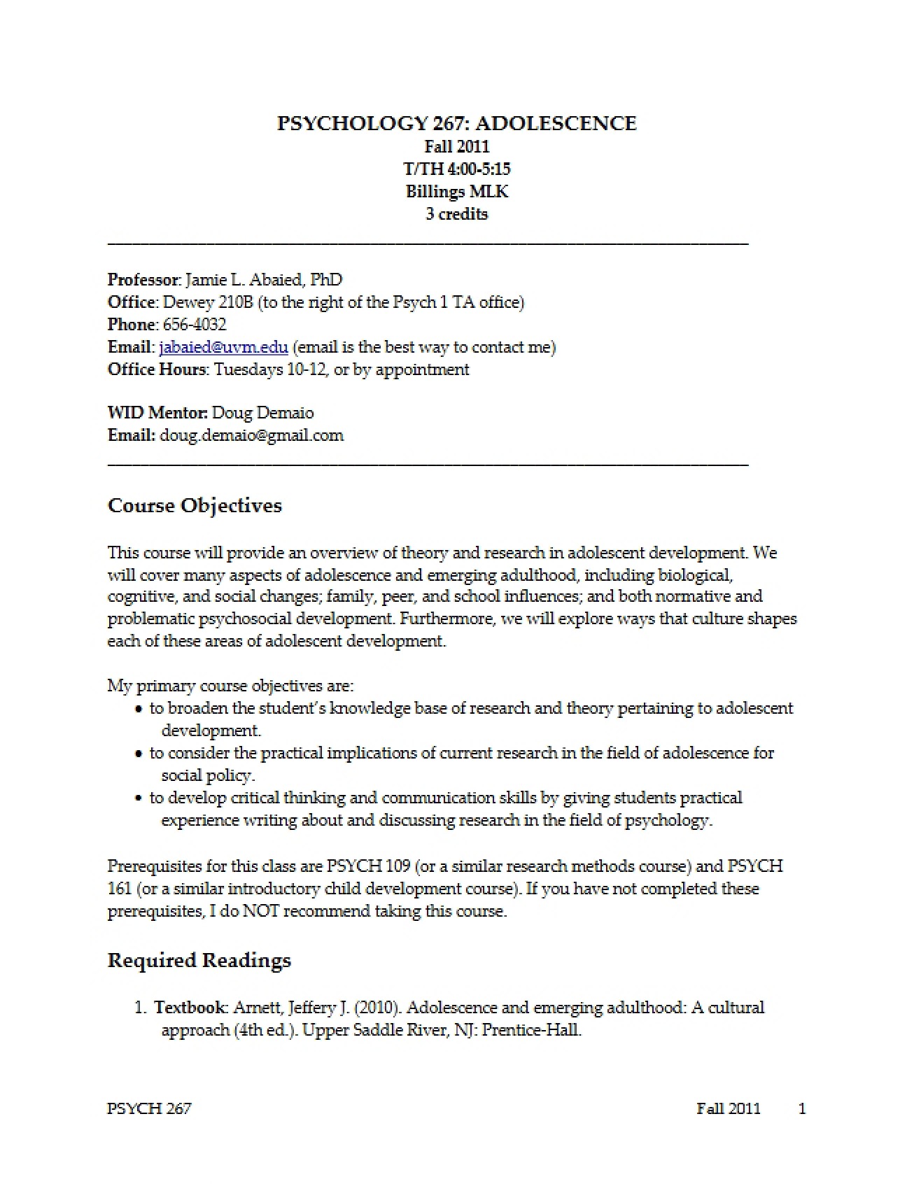 Academic Syllabus Adolescence
