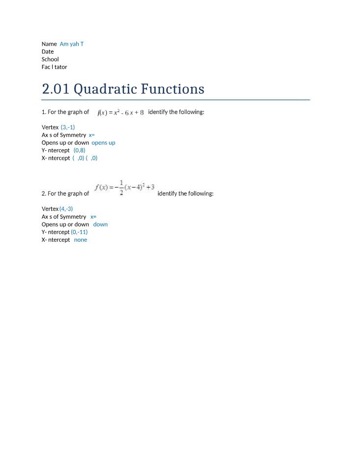 Vertex and Intercepts of Quadratic Functions