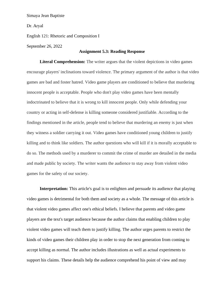 Impact of Violent Video Games on Ethical Beliefs - Critical Reading Response