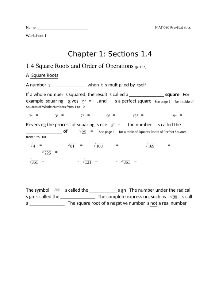 Square Roots and Order of Operations - Worksheet 1.4