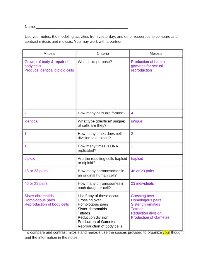 Comparing and Contrasting Mitosis and Meiosis
