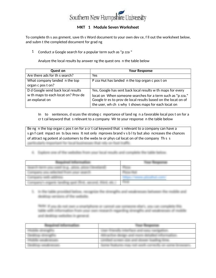 Worksheet for MKT 315 Module Seven