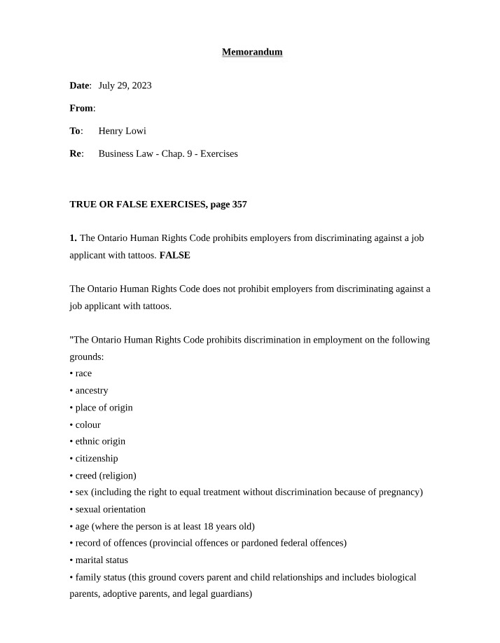 Business Law Chapter 9 Exercises