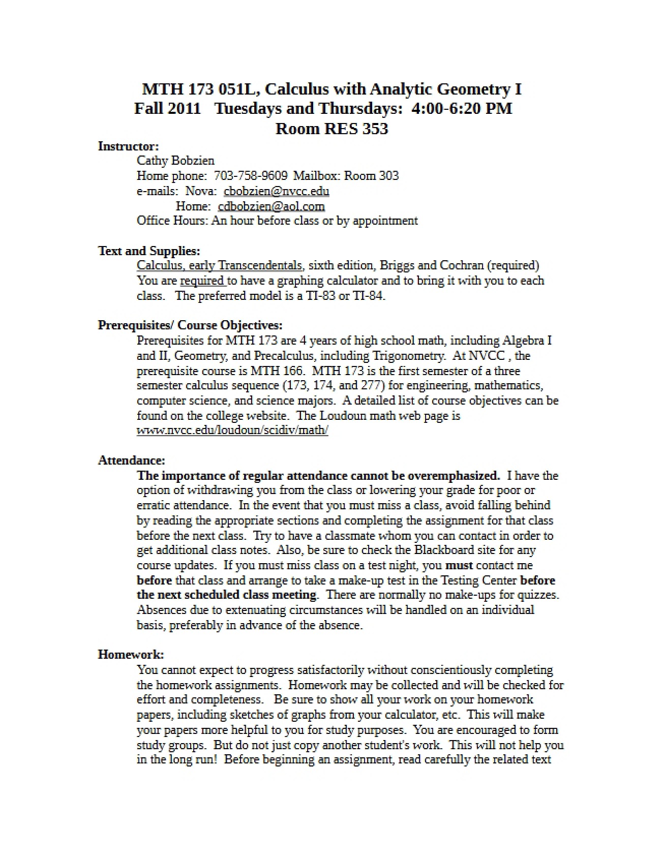 Calculus I Syllabus