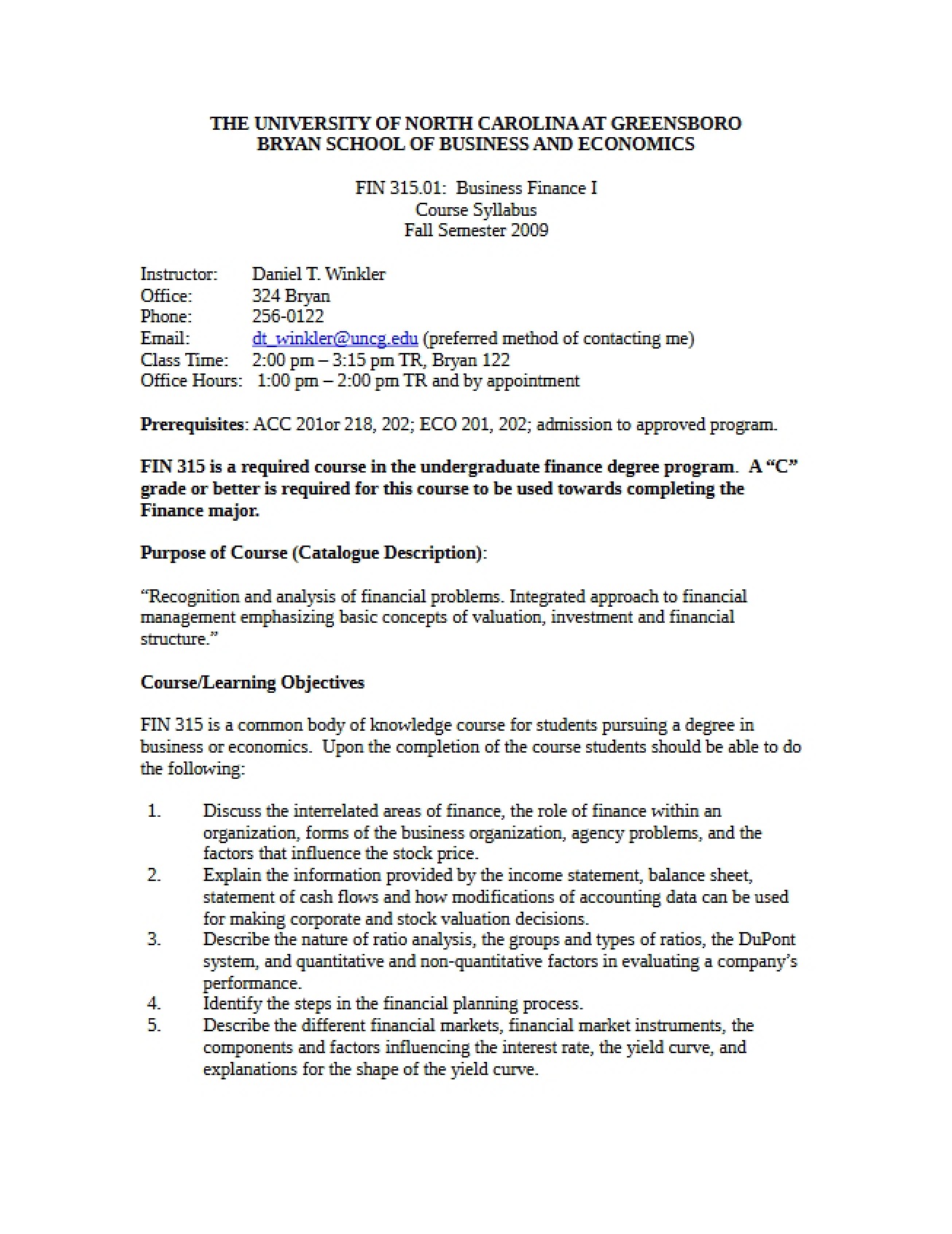 Business Finance I Course Outline