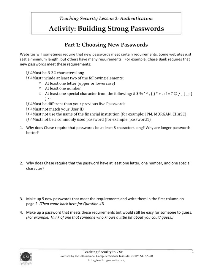 Strong Passwords Worksheet - Lesson 2