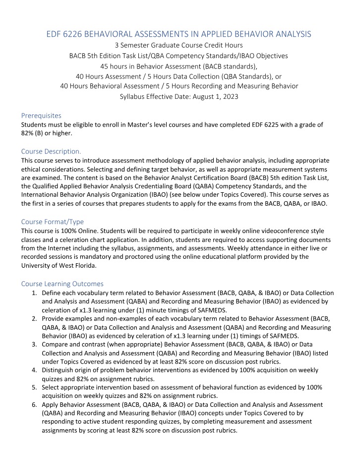 Course Syllabus - Behavioral Assessments in Applied Behavior Analysis