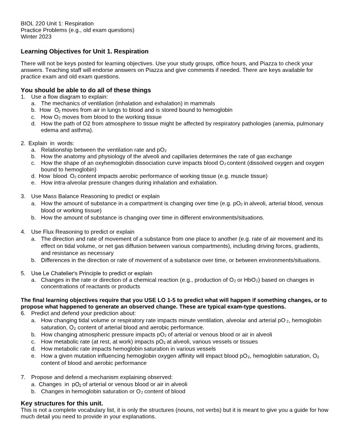Respiration Practice Problems - BIOL 220 Unit 1