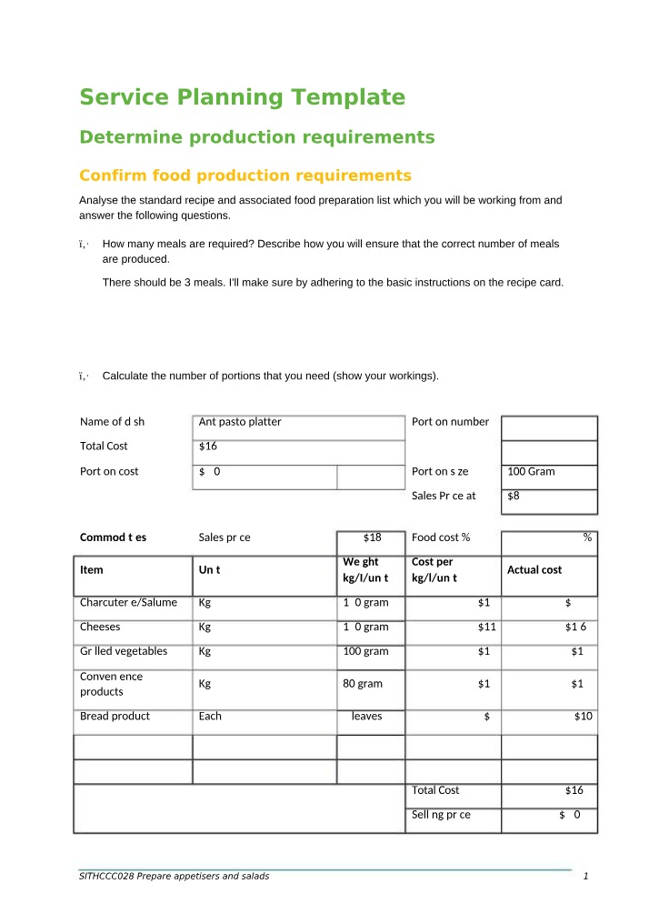 Meal Portions and Costs Calculation Template