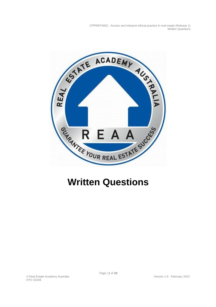 Written Questions - Interpreting Ethical Practice in Real Estate