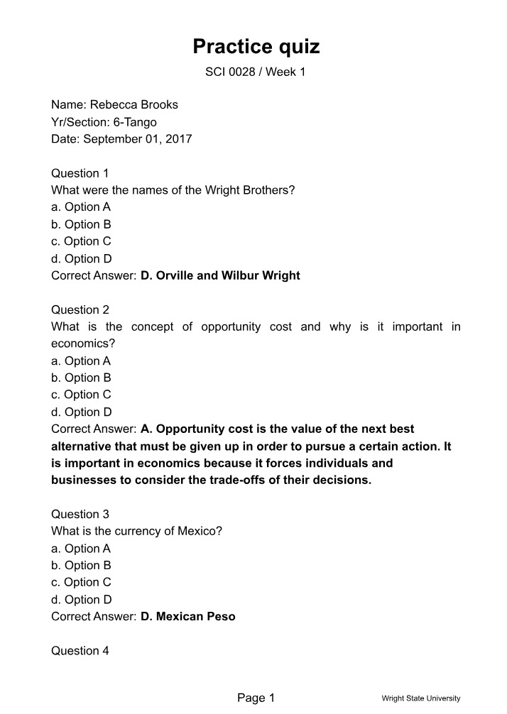 Wright Brothers and Opportunity Cost Practice Quiz