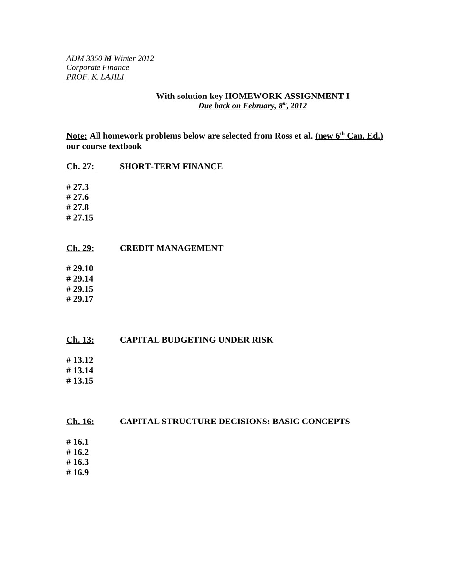 Homework Assignment I Solution Key - ADM 3350 Winter 2012