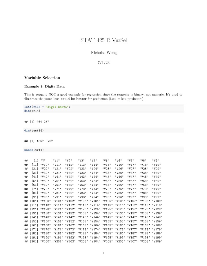 STAT425 - R Variable Selection