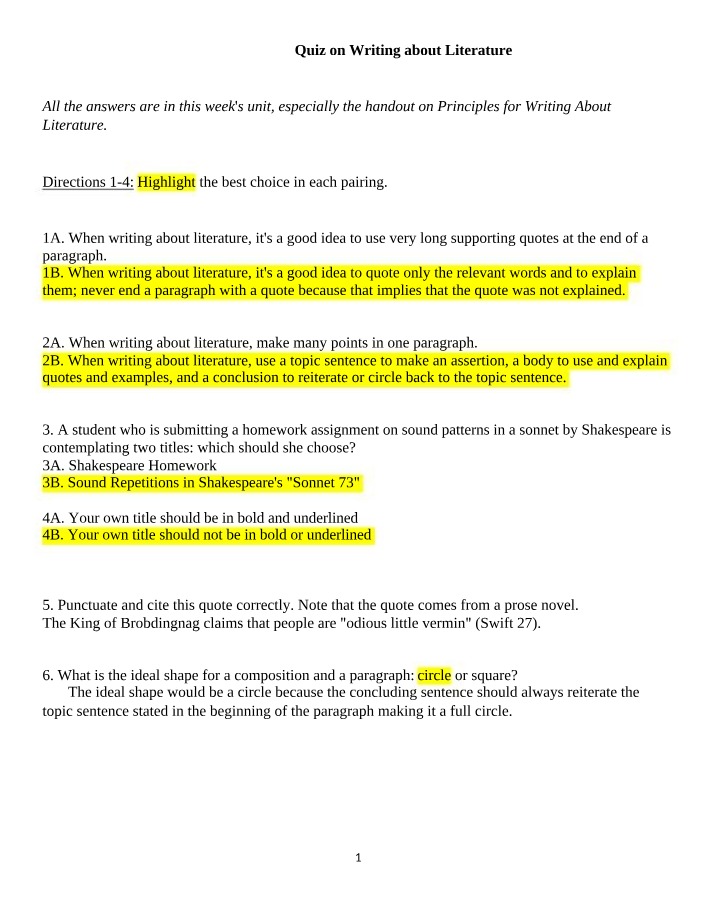 Writing About Literature - Quiz and Exercises