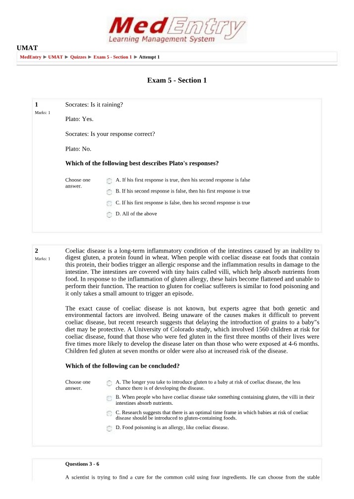 Plato's Responses in UMAT Exam 5 Section 1
