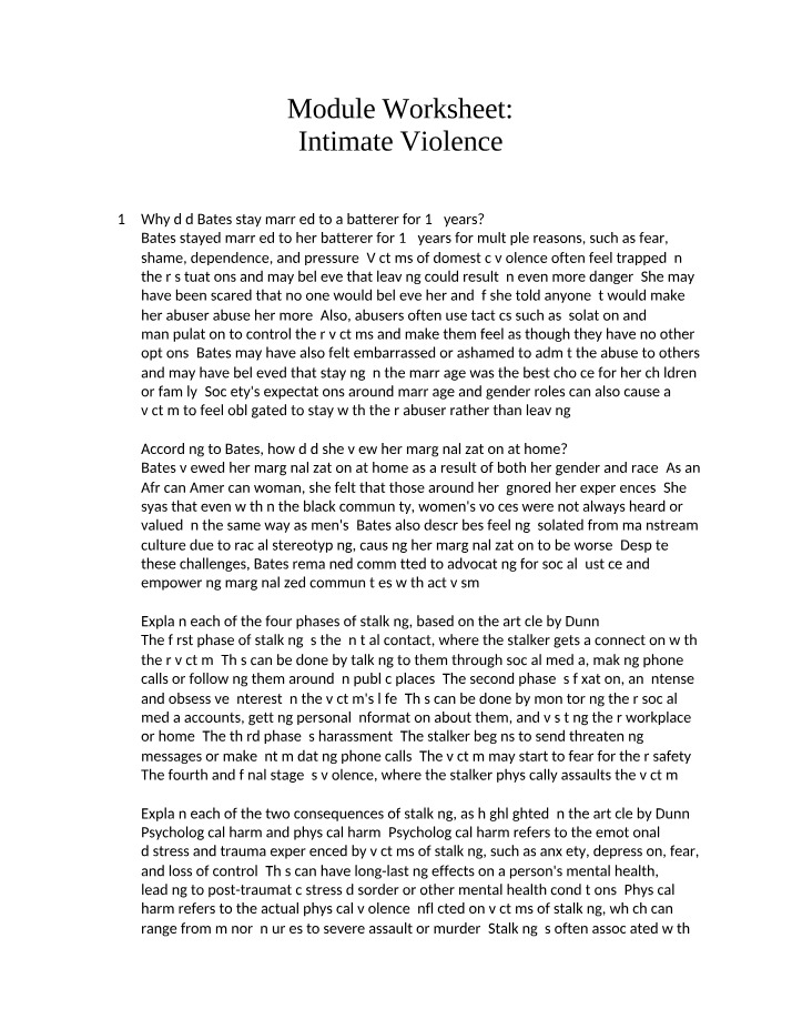 Worksheet on Intimate Violence