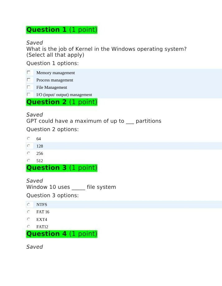 Windows OS Kernel and Partitioning Quiz