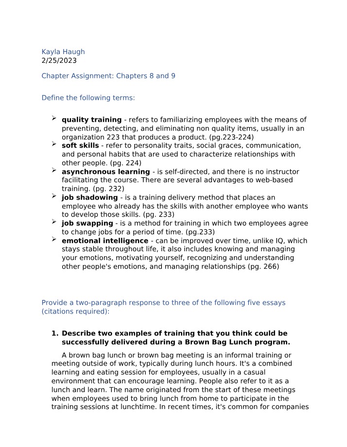 Chapters 8 and 9 Assignment