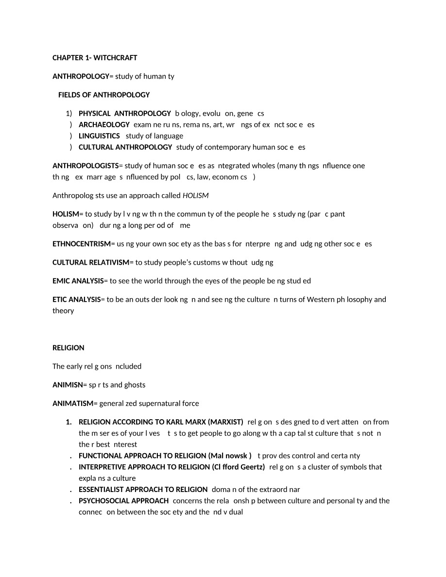 Chapter 1 Notes - Witchcraft and Religion