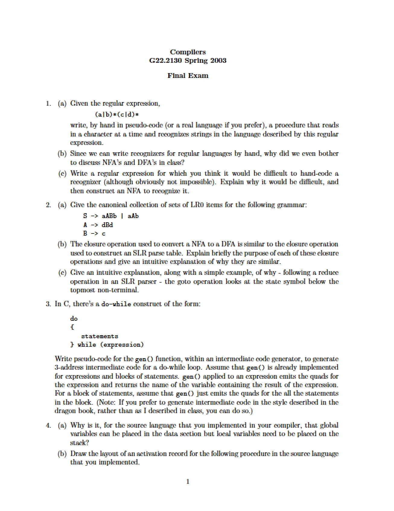 Compiler Construction Final Exam
