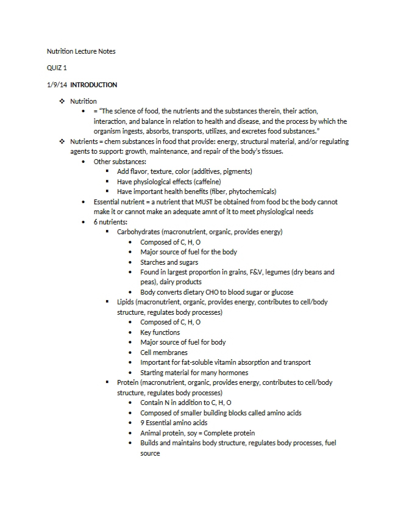 Notes from Nutrition Lectures