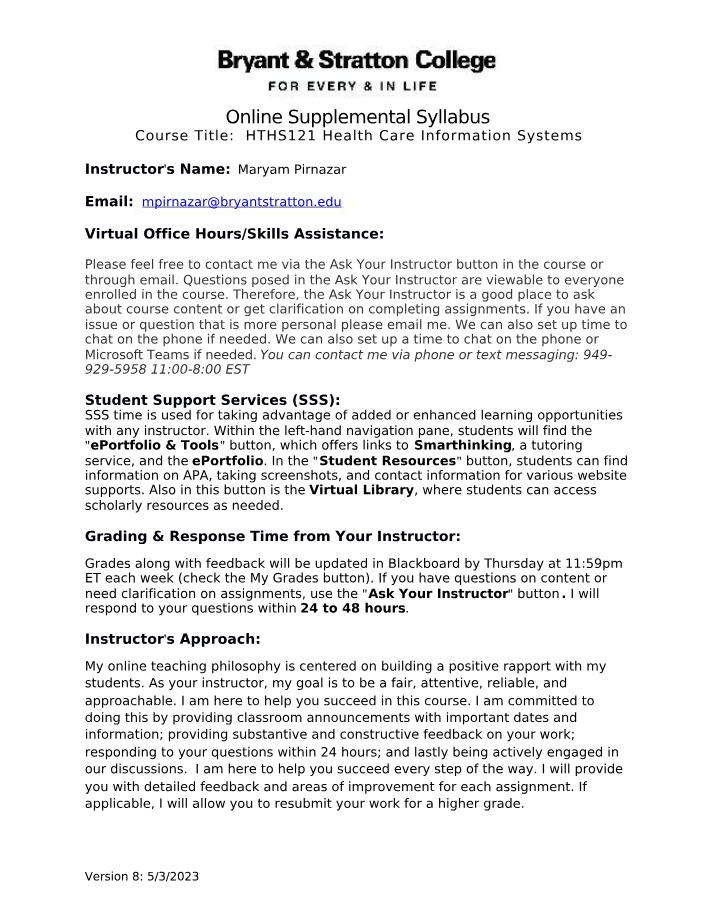 Health Care Information Systems Syllabus - HTHS121