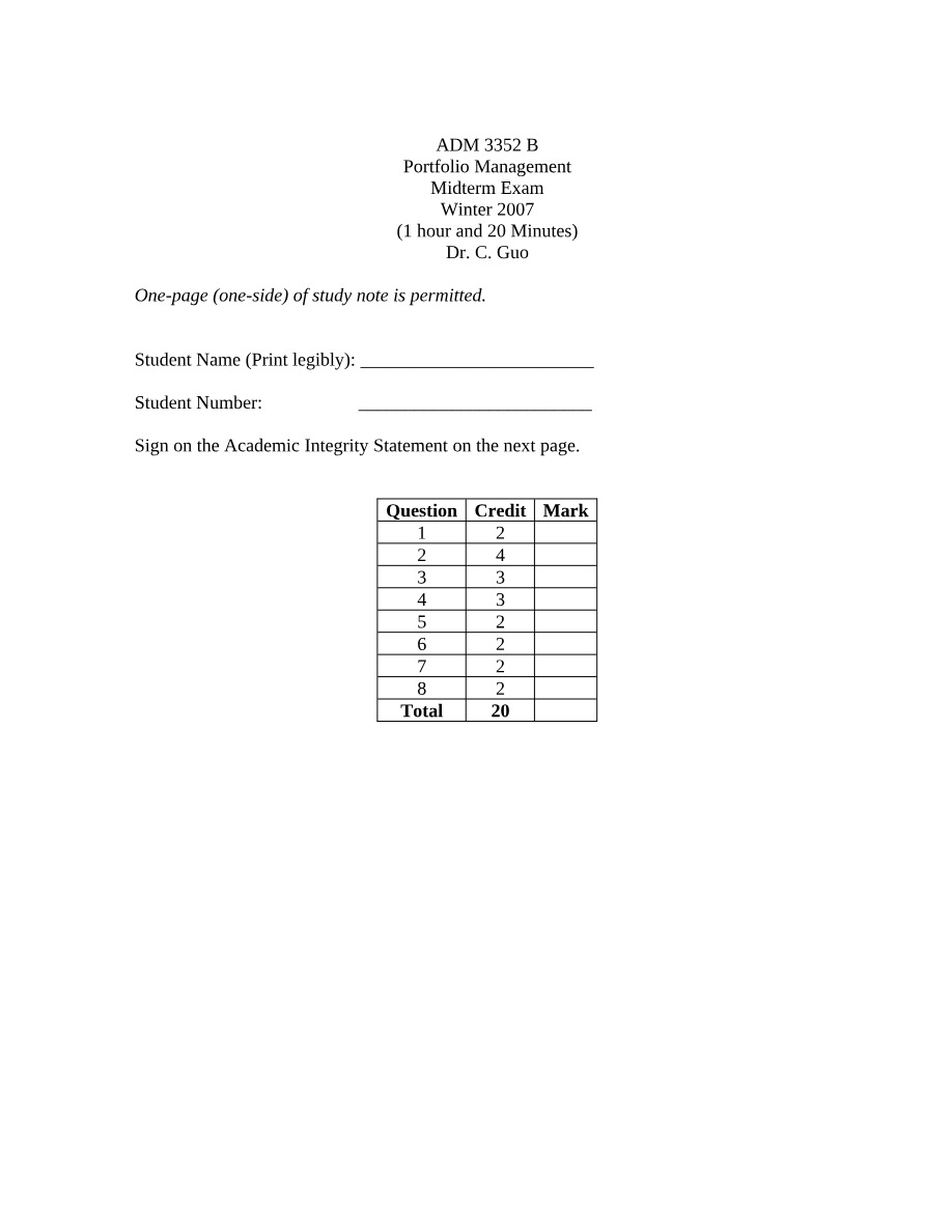 Midterm Exam Winter 2007 - ADM 3352 B Portfolio Management