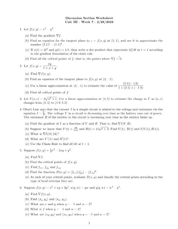 Math 233 Week 7 Discussion Section Worksheet