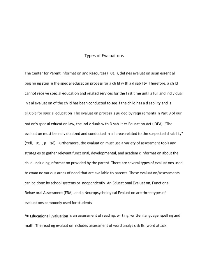 Special Education Assessment - Types of Evaluations