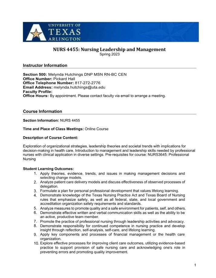 Nursing Leadership and Management Syllabus - NURS 4455