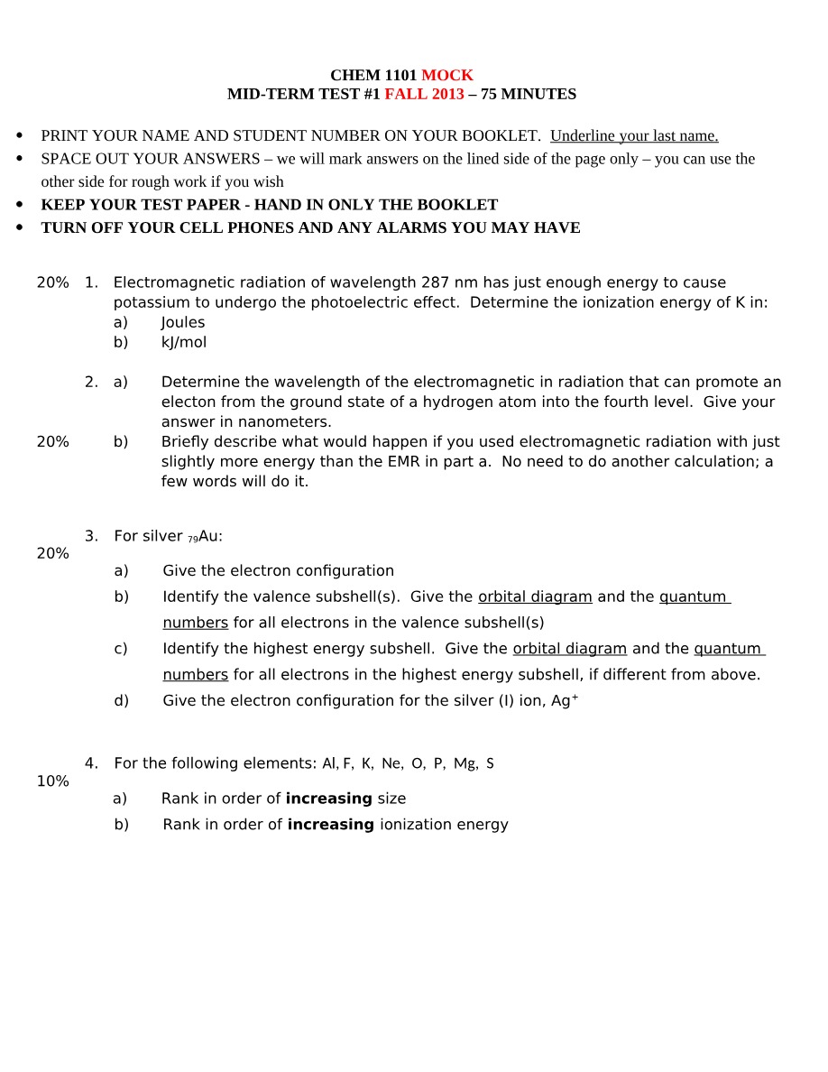 Mock Mid-Term Test #1 for CHEM 1101