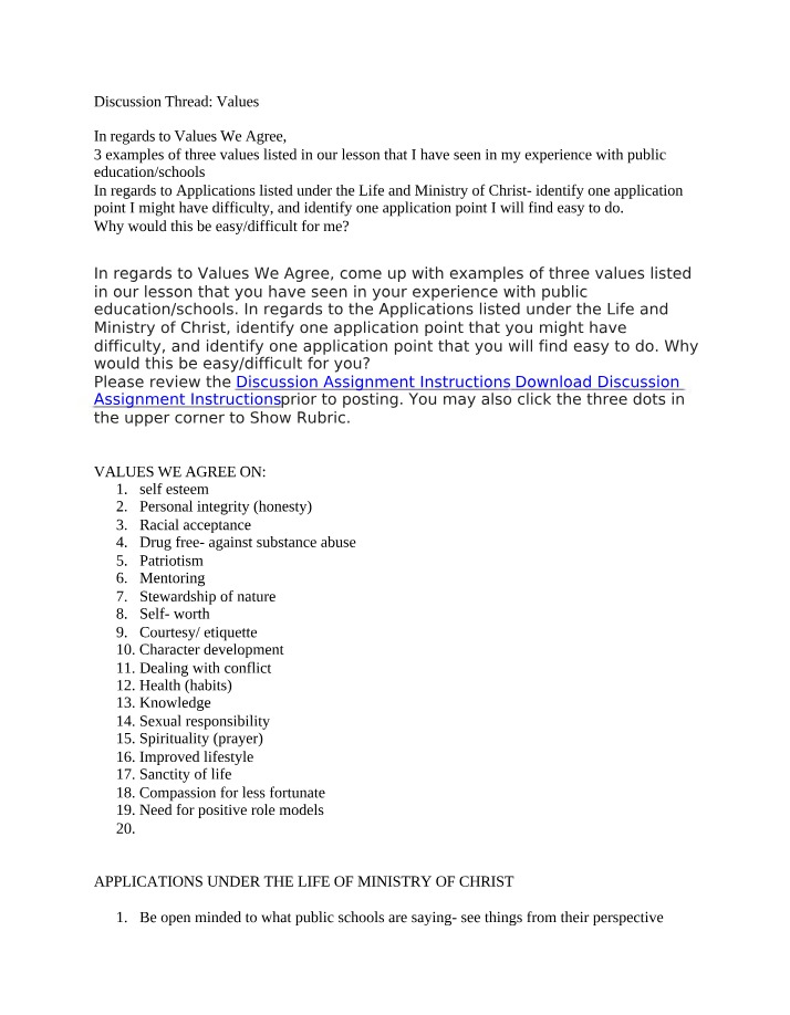 Public Education and Ministry - Values and Applications