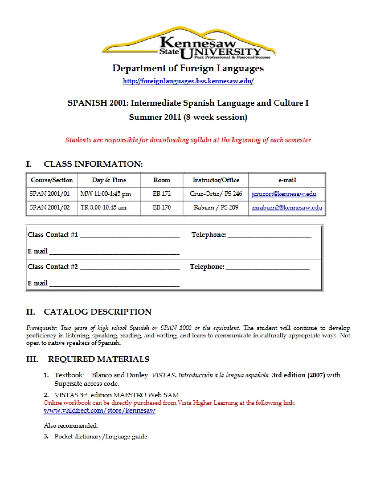 Class Syllabus for SPAN 2001