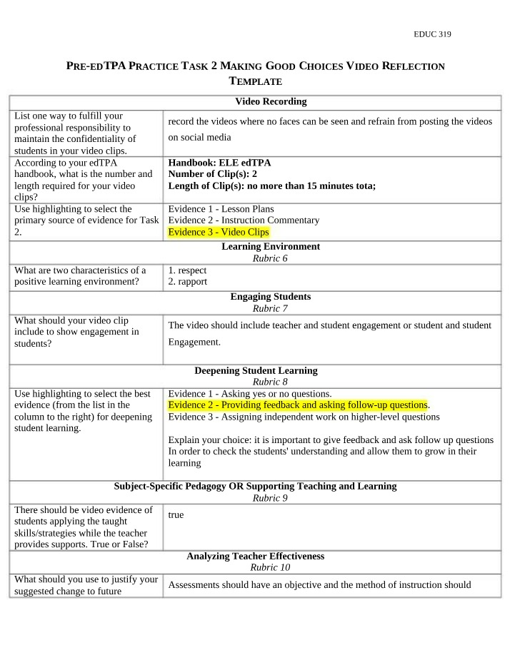 Pre-edTPA Task 2 - Video Reflection Template