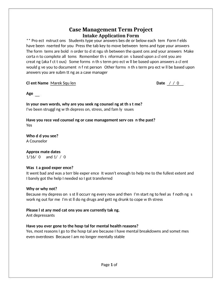 Application Form for Intake
