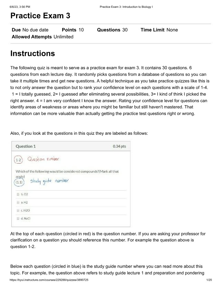 Practice Exam 3 for Introduction to Biology I