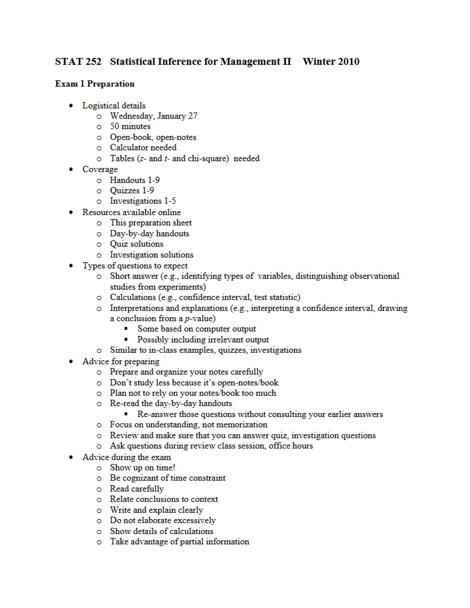 Exam 1 Prep Stats 252