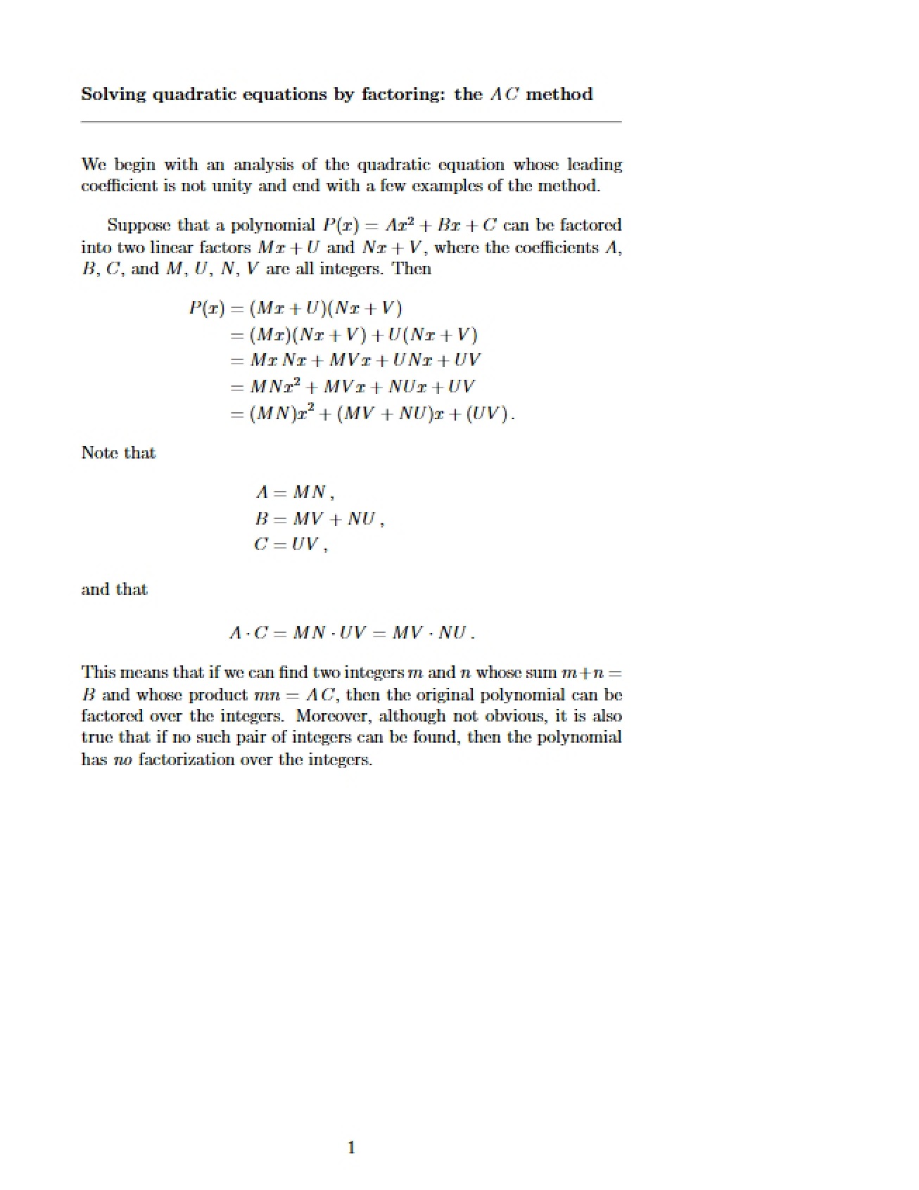 Factoring Quadratic Equations using AC Method