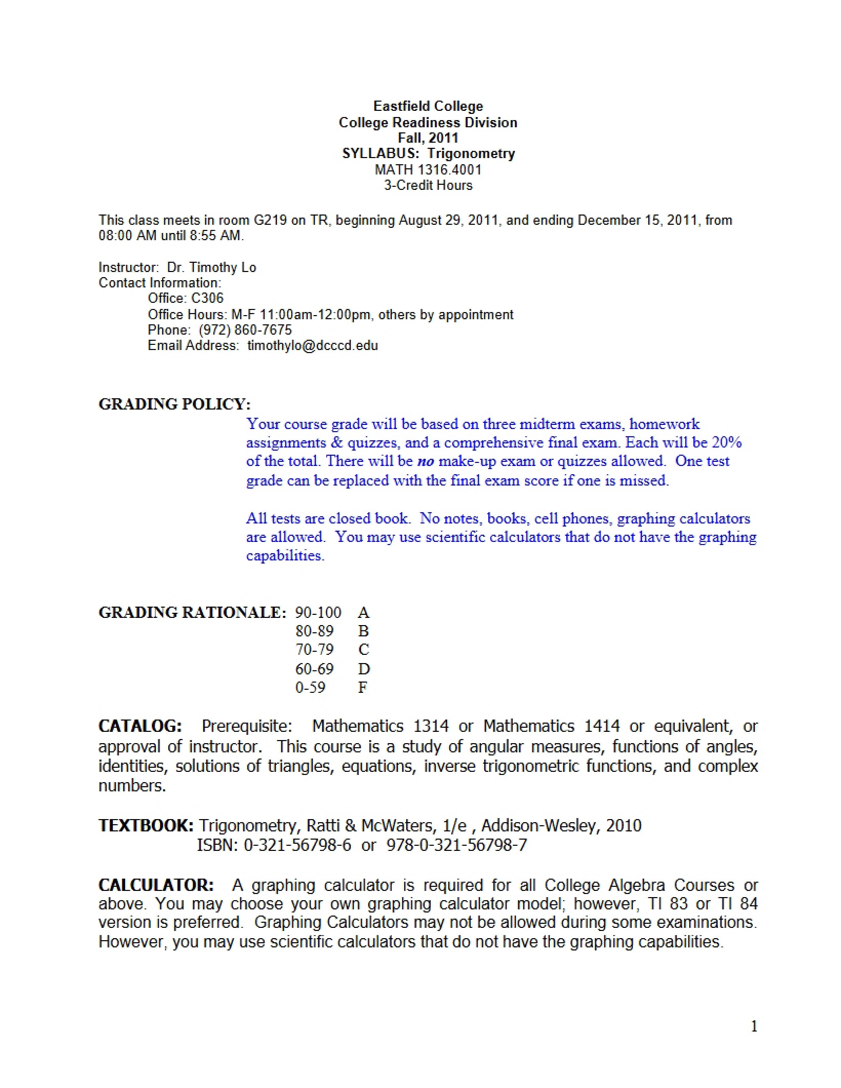 Syllabus for Plane Trigonometry - MATH 1316