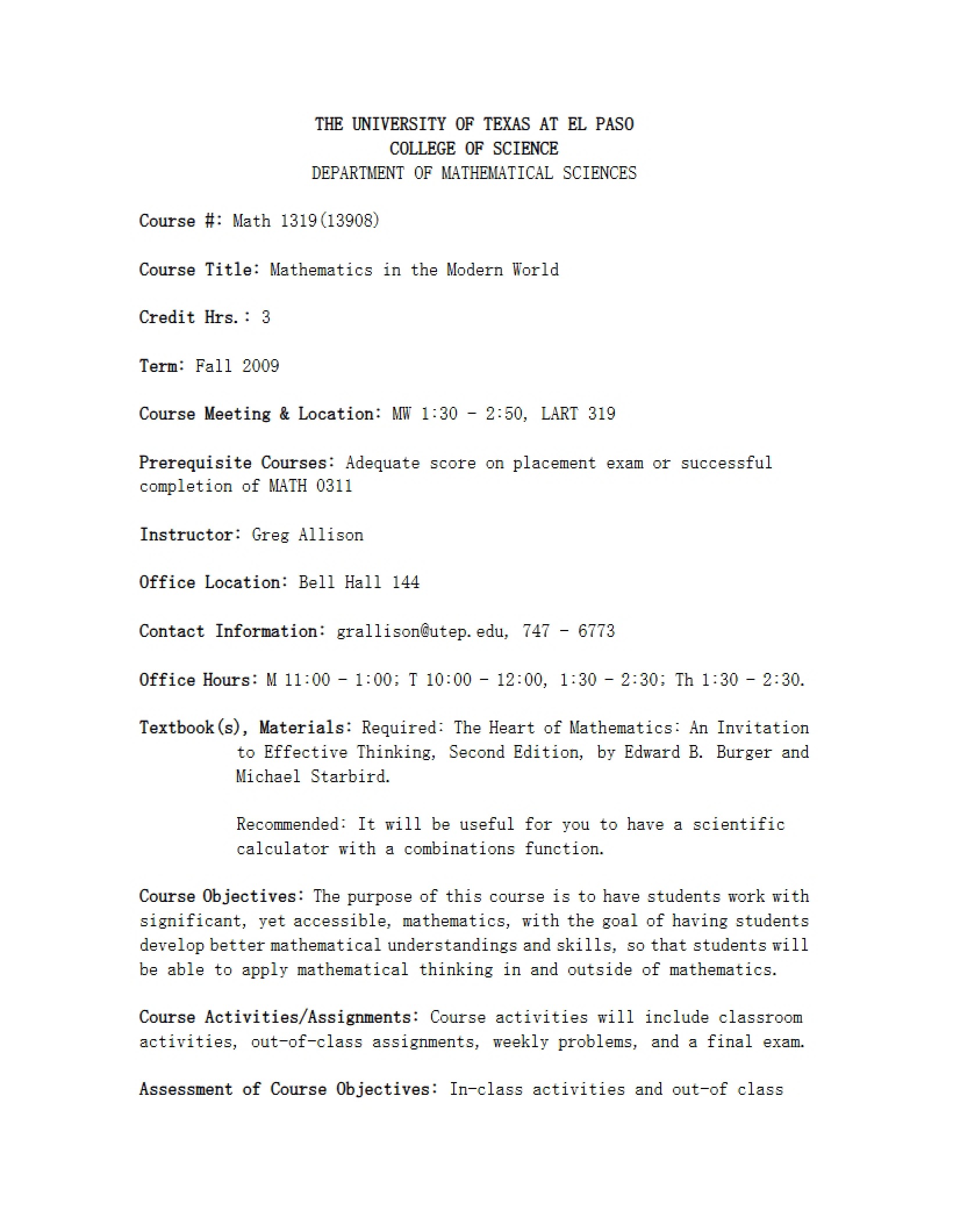 Math in the Modern World Syllabus - MATH 1319