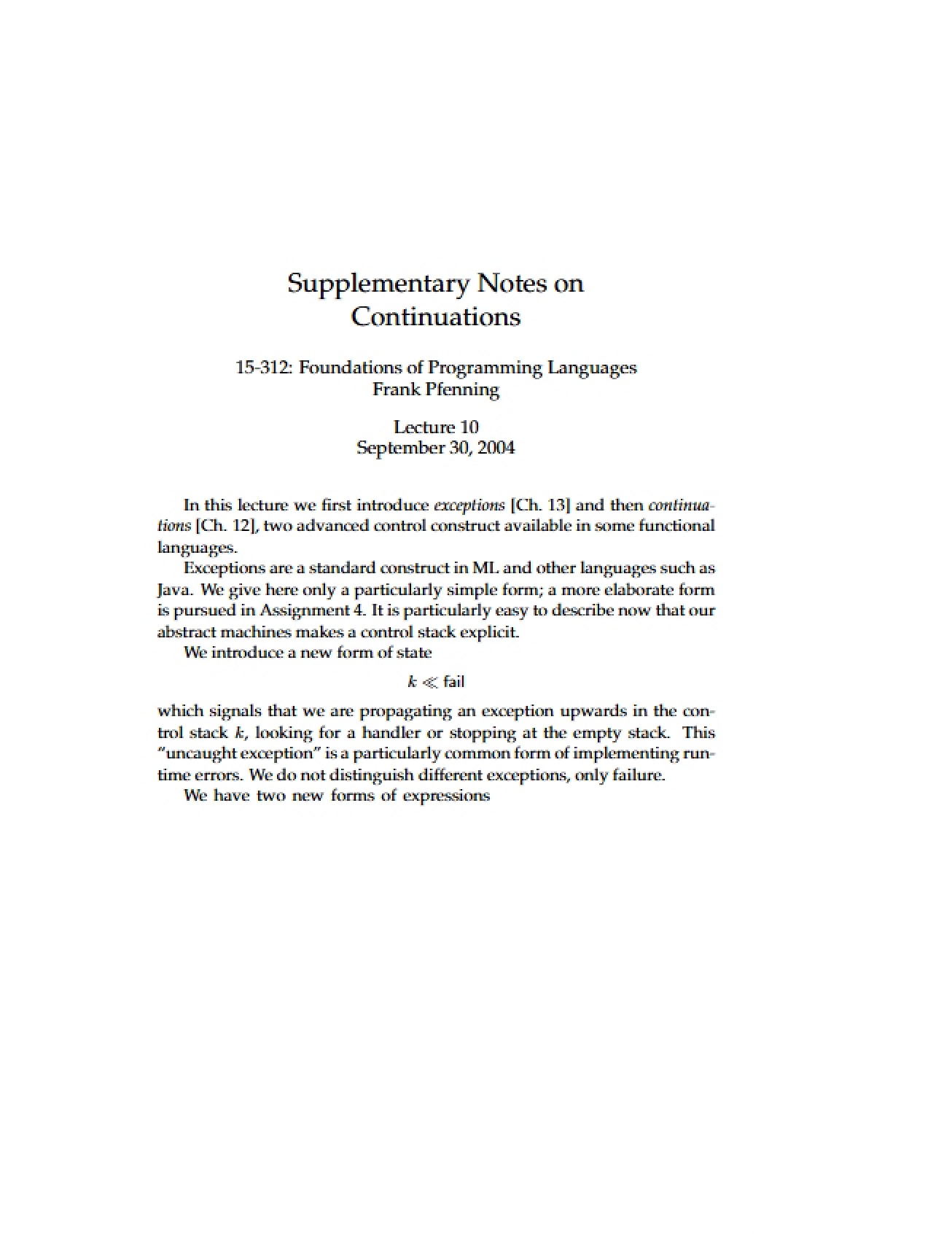 Continuations Supplementary Notes