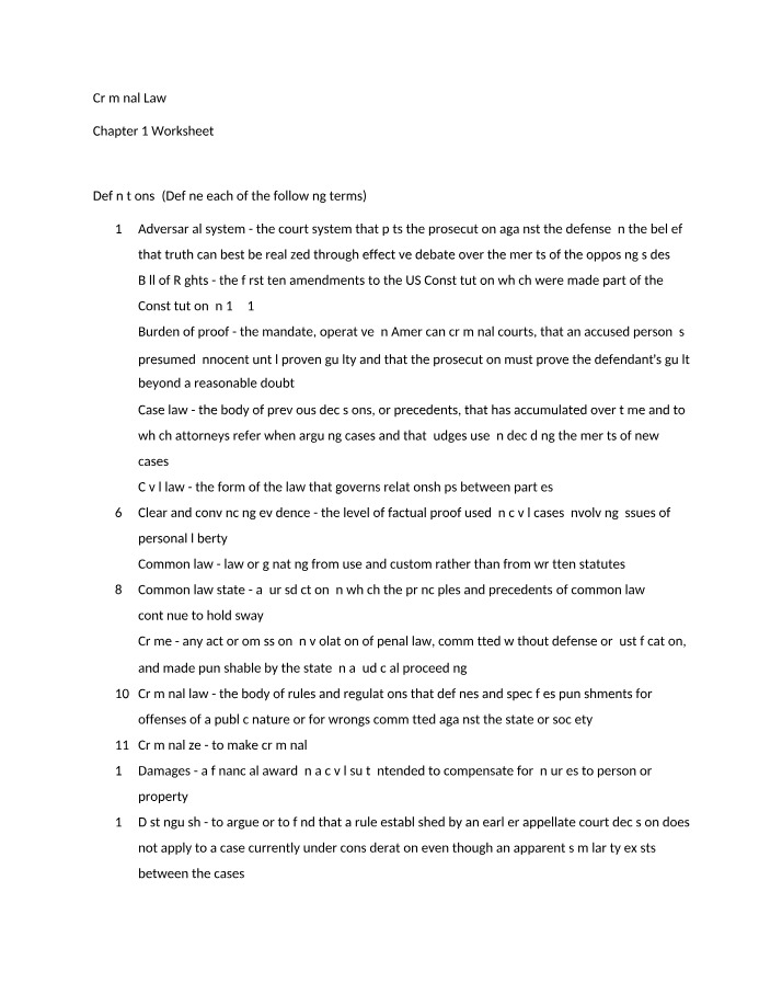 Criminal Law Worksheet for Chapter 1