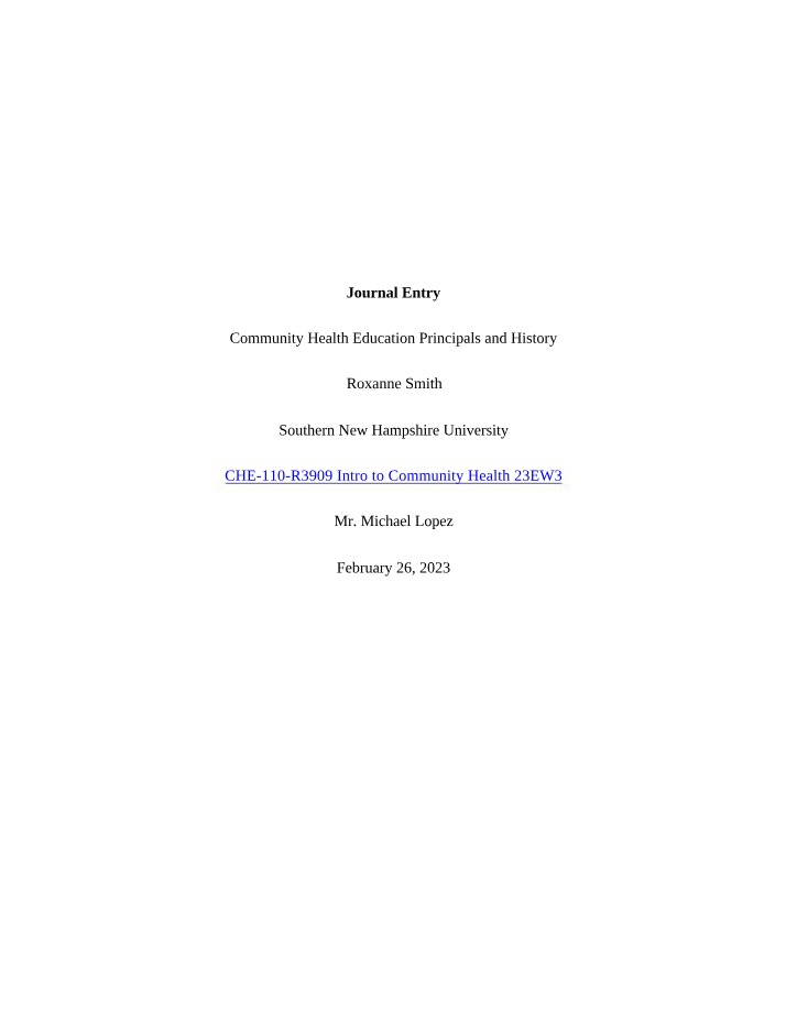 History and Principles of Community Health Education