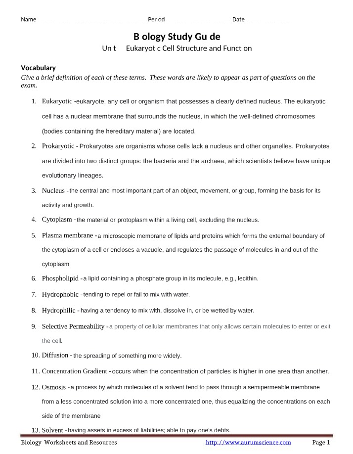 Study Guide - Eukaryotic Cell Structure and Function