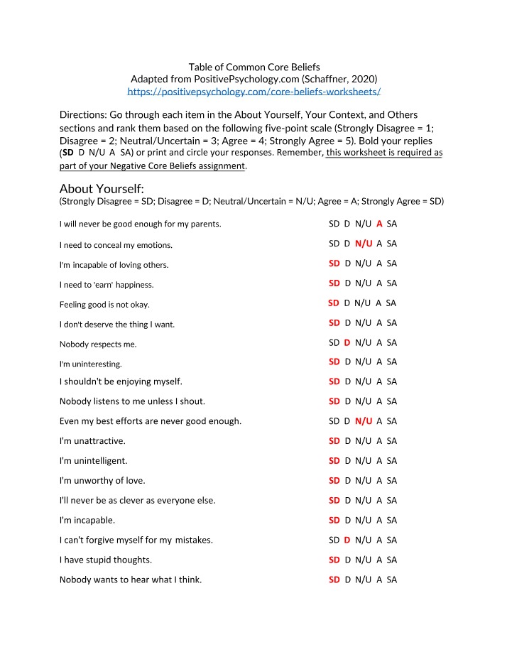 Negative Core Beliefs and Positive Psychology Table