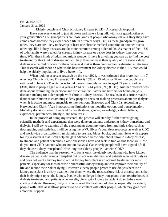 Chronic Kidney Disease in the Elderly - Research Proposal